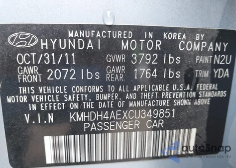 2012 Hyundai Elantra Limited (Ulsan Plant) from USA, damaged, VIN KMHDH4AEXCU349851